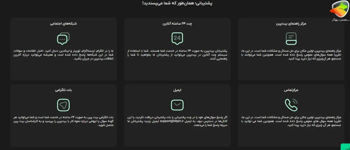 راه های پشتیبانی صرافی بیت پین