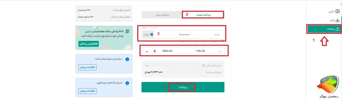 آموزش برداشت تومان از صرافی تترلند