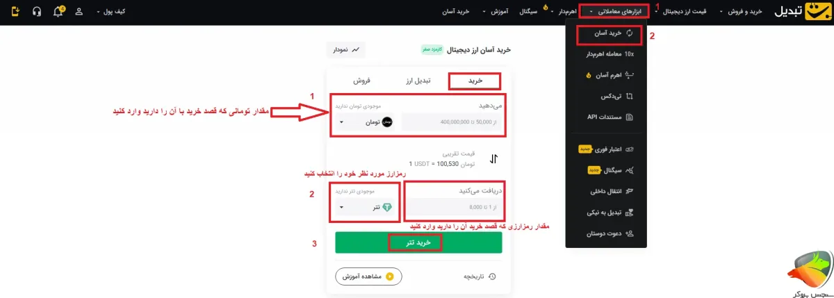 روش خرید آسان در نحوه معامله در صرافی تبدیل