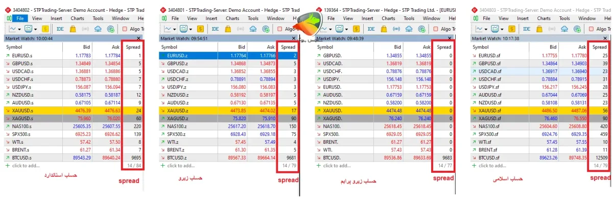 اسپرد حسابهای مختلف در بروکر STP Trading
