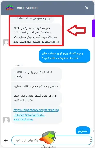 چت با پشتیبانی در خصوص محدودیت در تعداد معاملات باز