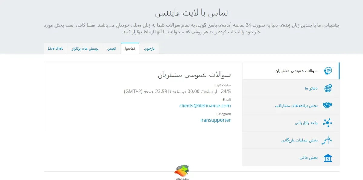راه های تماس با پشتیبانی لایت فایننس