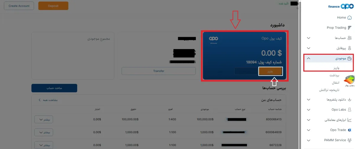 واریز در اوپو فایننس + آموزش مراحل