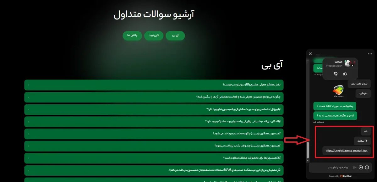 چت آنلاین توی سایت به عنوان پشتیبانی ویتاورس