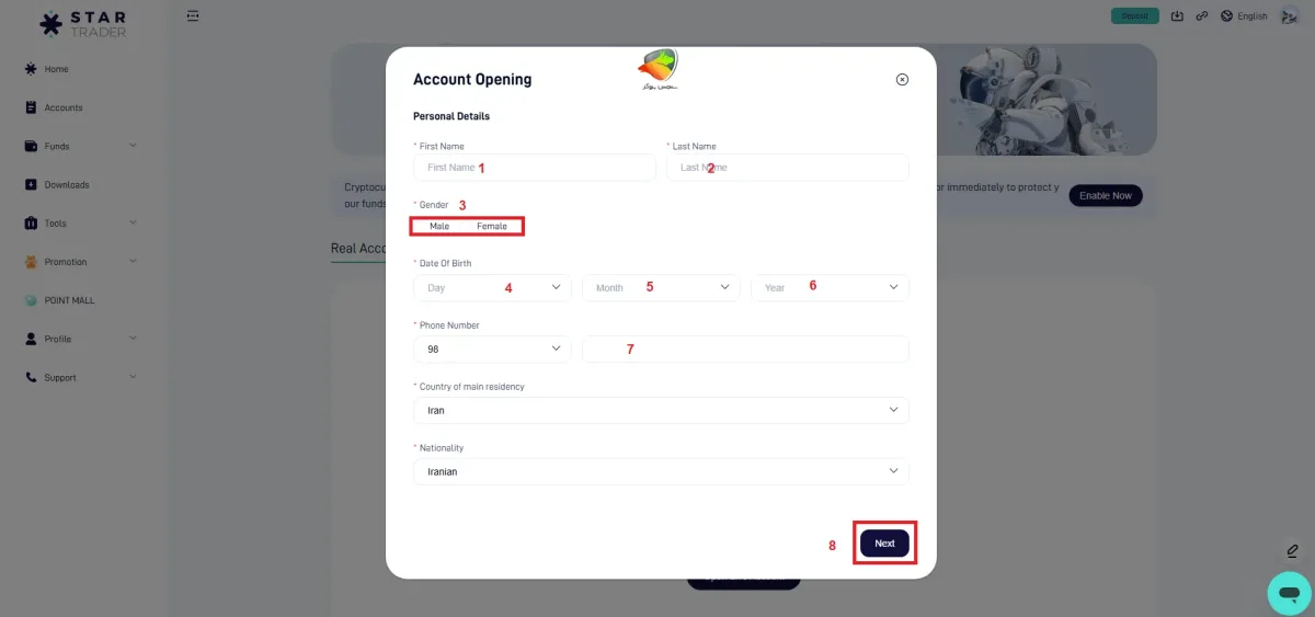 ثبت نام در بروکر StarTrader مرحله 2