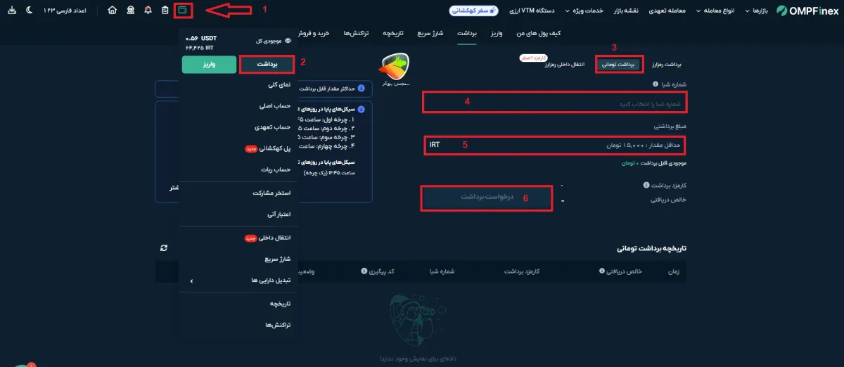 آموزش برداشت پول از صرافی او ام پی فینکس