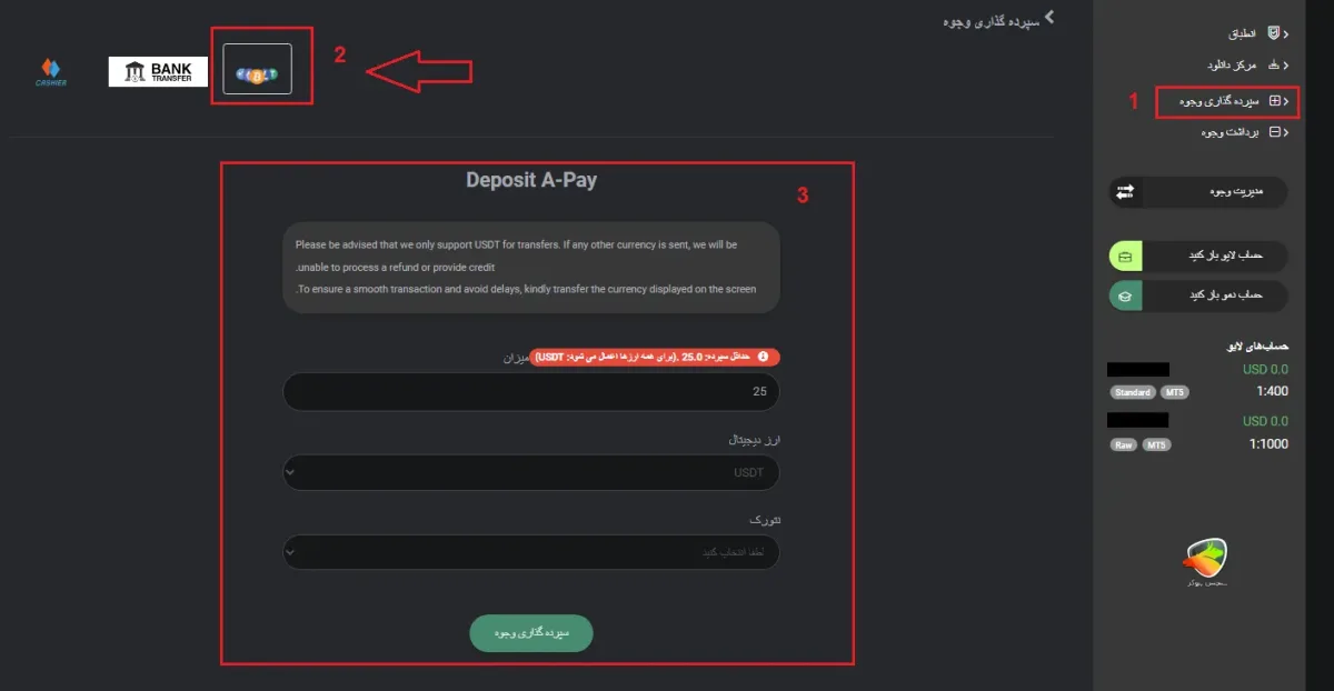 واریز و برداشت در بروکر ویدا مارکتس
