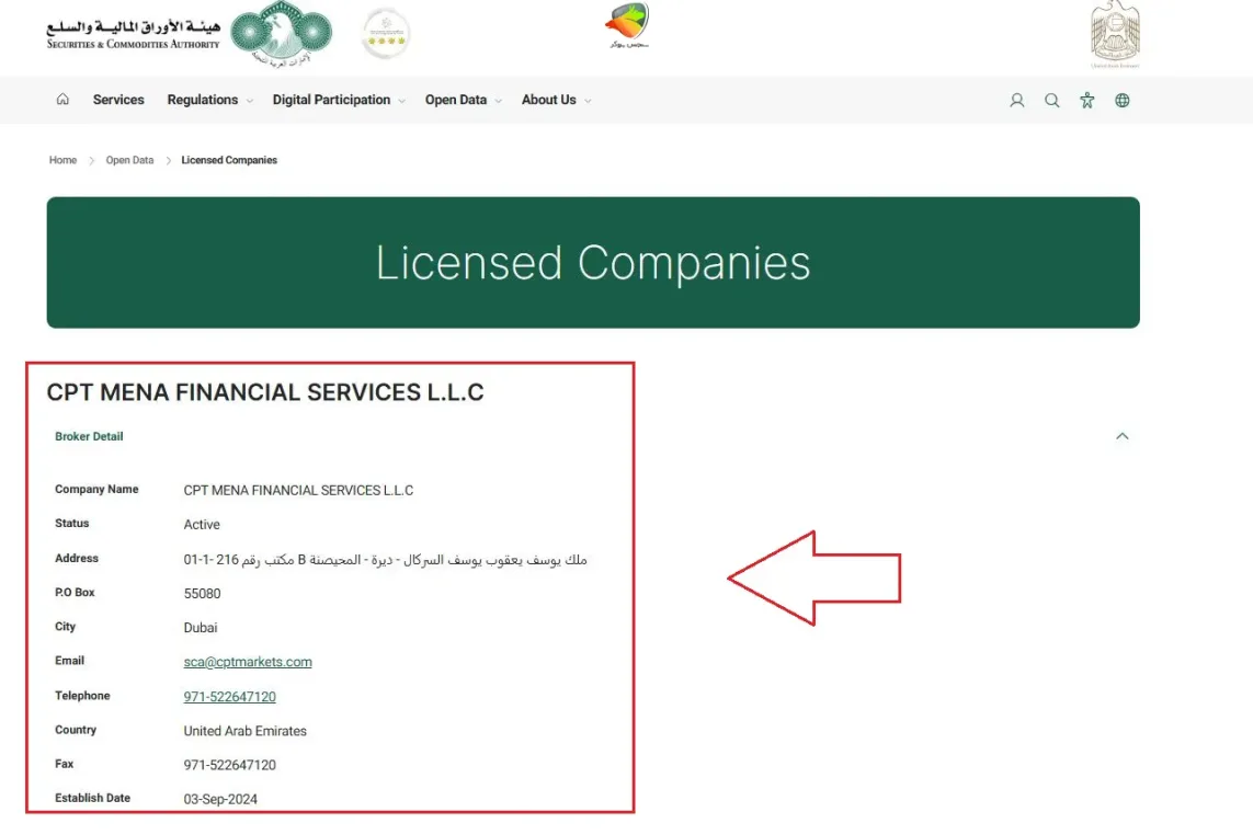 رگولاتوری SCA برای CPT Markets MENA