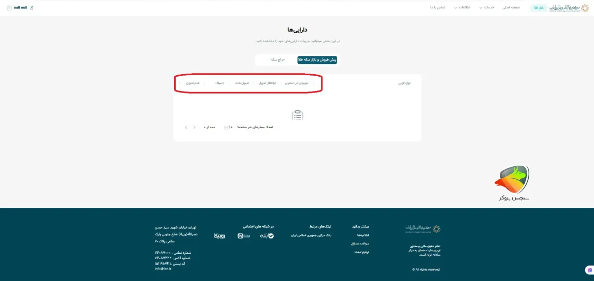 قسمت دارایی ها در سایت مرکز مبادله ارز و طلا